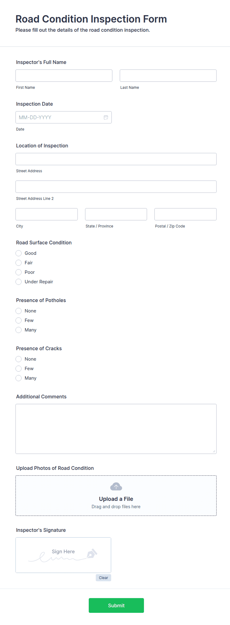 Form Wht Rd Road Condition Inspection Form Template | Jotform