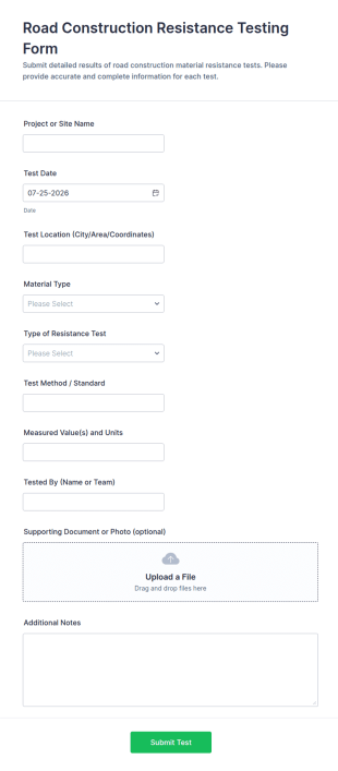 Road Construction Resistance Testing Form Template