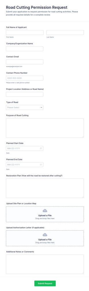 Road Cutting Permission Request Form Template