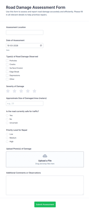 Road Damage Assessment Checklist Form Template