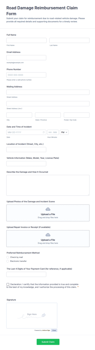Road Damage Reimbursement Claim Form Template