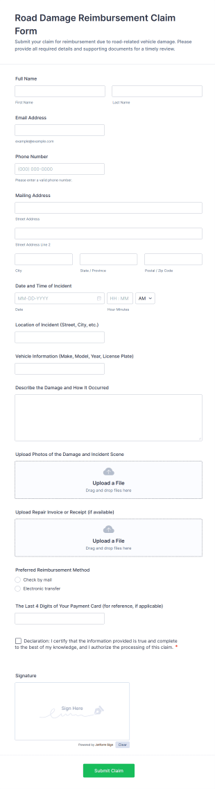 Road Damage Reimbursement Claim Form Template