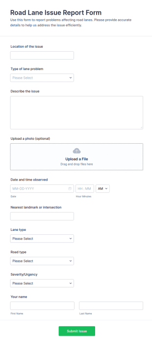 Road Lane Issue Report Form Template