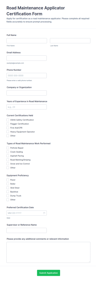 Road Maintenance Applicator Certification Form Template