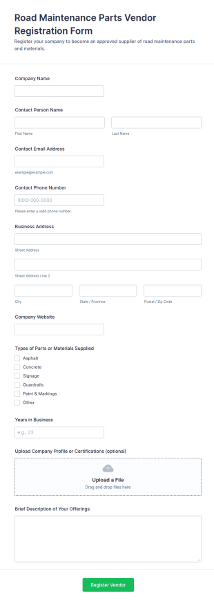 Road Maintenance Parts Vendor Registration Form Template