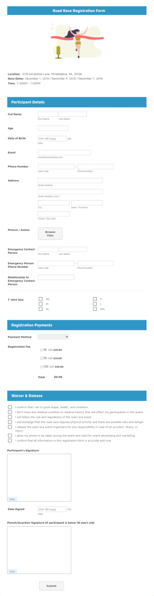 Road Race Registration Form Template