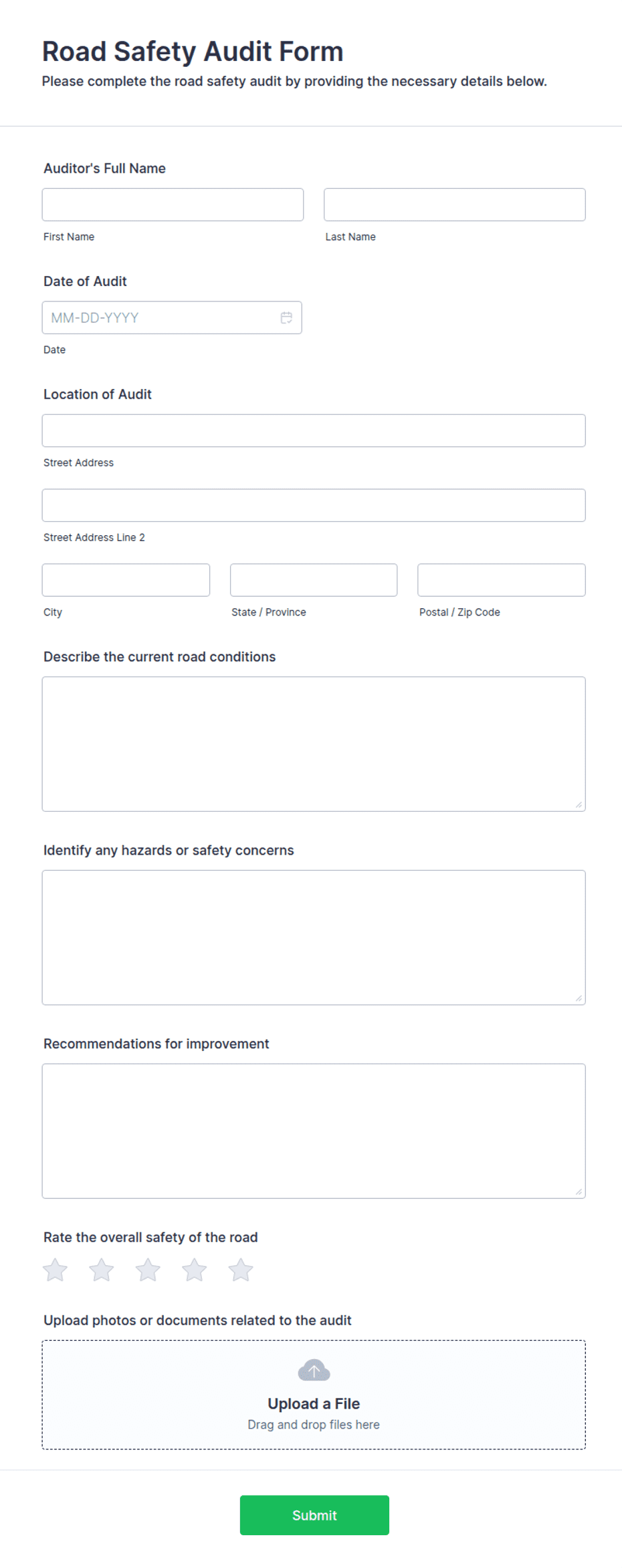 Road Safety Audit Form Template | Jotform