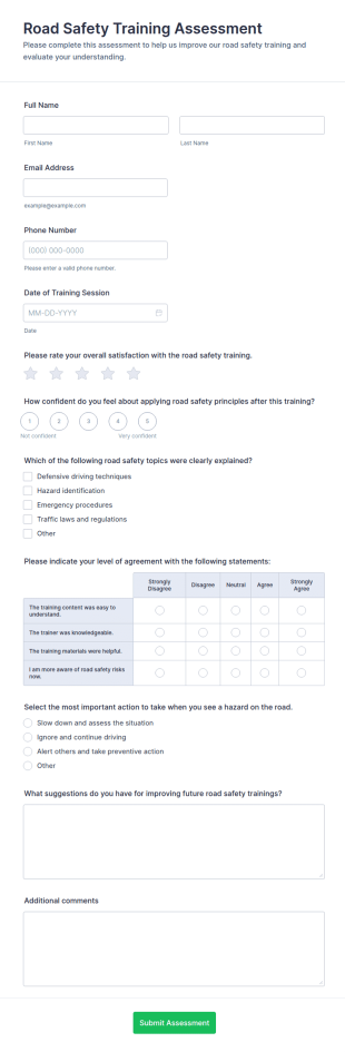 Road Safety Training Assessment Form Template
