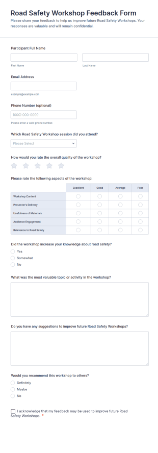 Road Safety Workshop Feedback Form Template