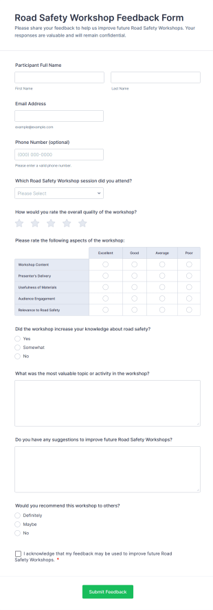 Road Safety Workshop Feedback Form Template