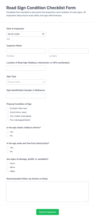 Road Sign Condition Checklist Form Template
