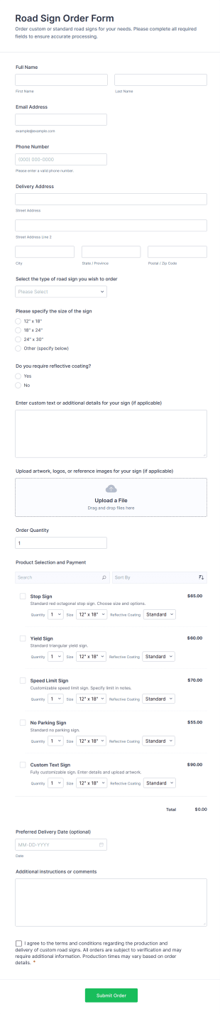 Road Sign Order Form Template