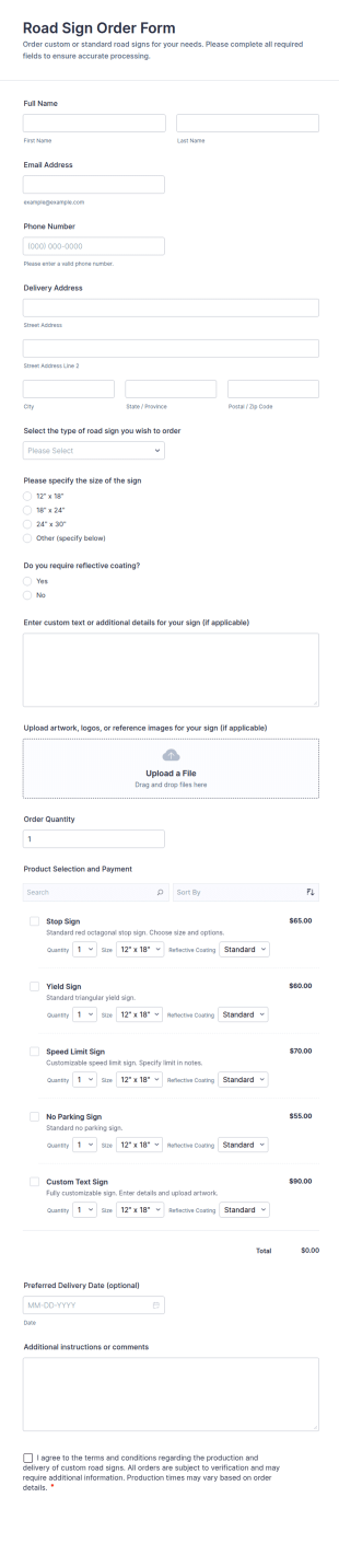 Road Sign Order Form Template