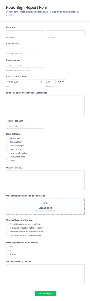 Road Sign Report Form Template