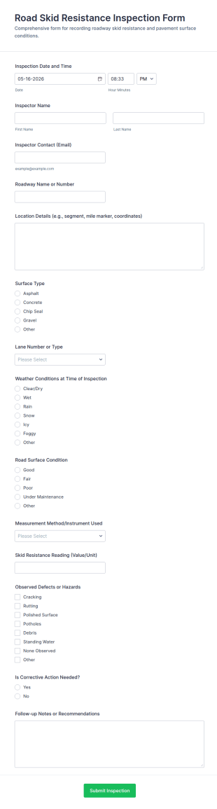 Road Skid Resistance Inspection Form Template
