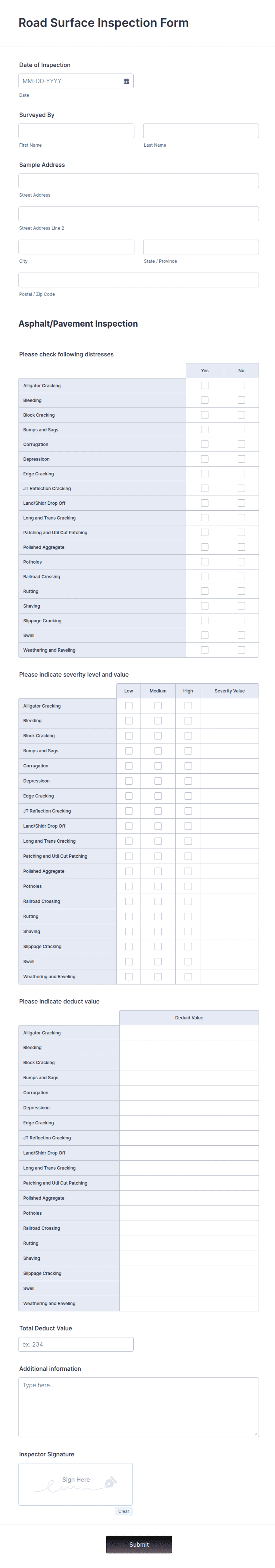 Street Sign Inspection Form Road Surface Inspection Form Template | Jotform