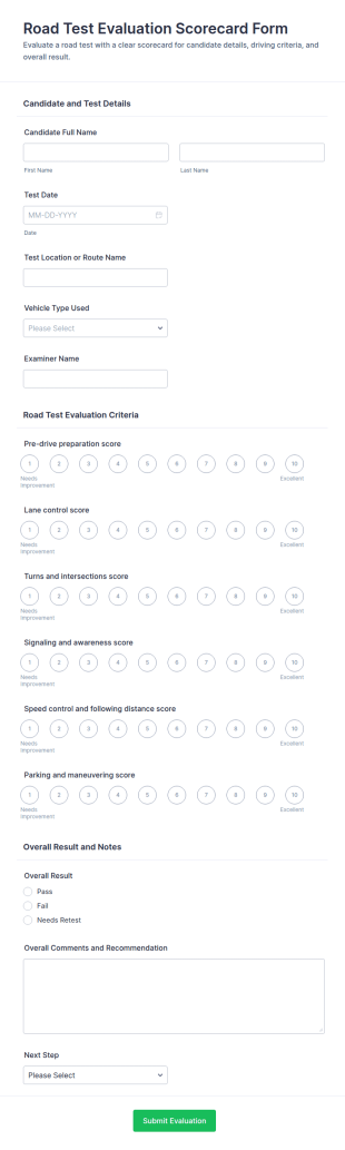 Road Test Evaluation Scorecard Form Template