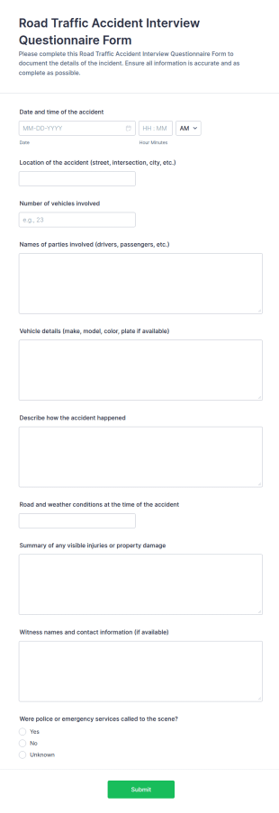 Road Traffic Accident Interview Questionnaire Form Template