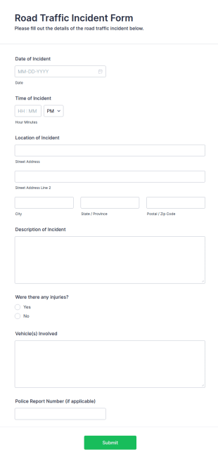 Road Traffic Incident Form Template