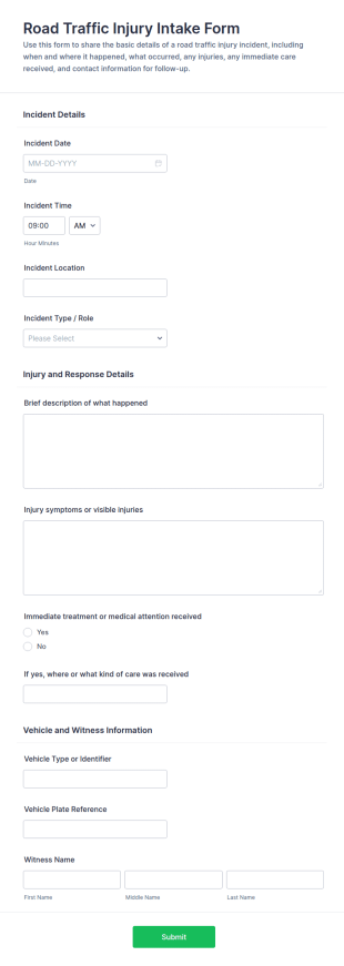 Road Traffic Injury Intake Form Template