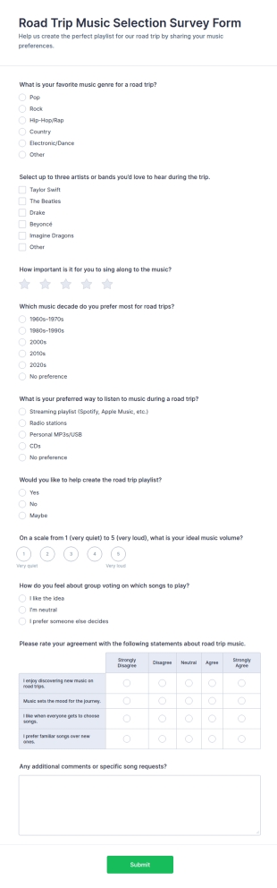 Road Trip Music Selection Survey Form Template