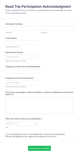 Road Trip Participation Acknowledgment Form Template