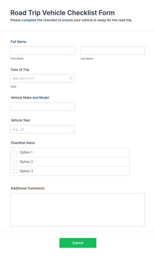 Road Trip Vehicle Checklist Form Template