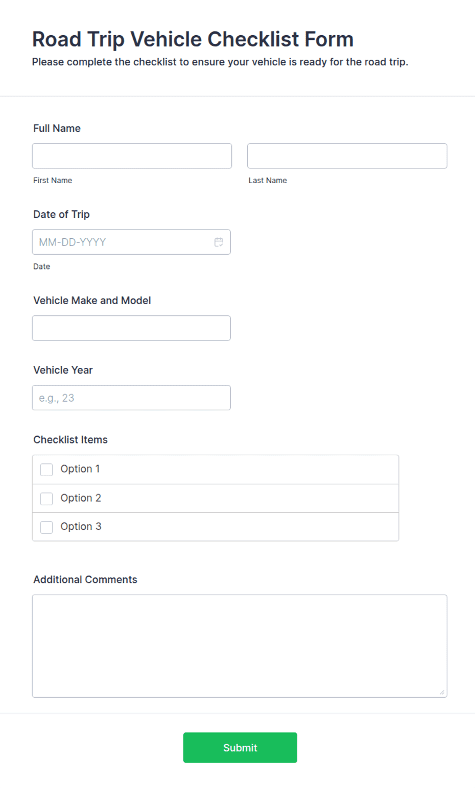 Form Wht Rd Road Trip Vehicle Checklist Form Template | Jotform