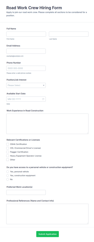 Road Work Crew Hiring Form Template