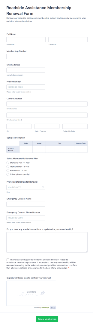 Roadside Assistance Membership Renewal Form Template