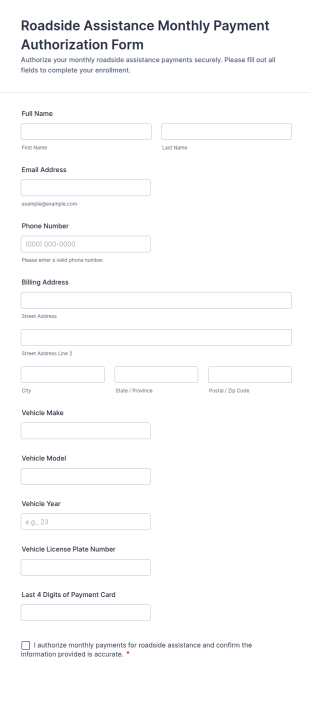 Roadside Assistance Monthly Payment Authorization Form Template