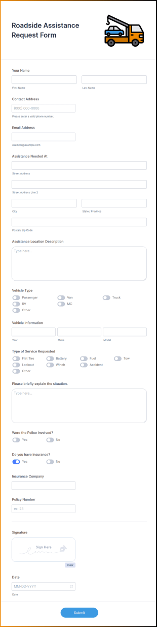 Roadside Assistance Request Form Template