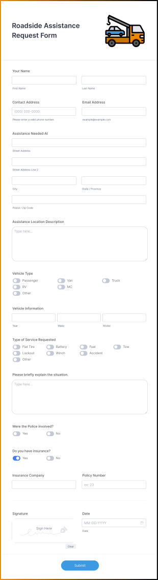 Roadside Assistance Request Form Template