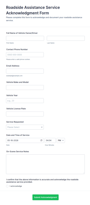 Roadside Assistance Service Acknowledgment Form Template