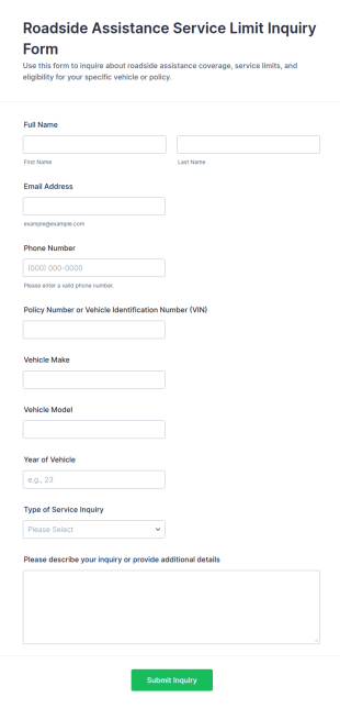 Roadside Assistance Service Limit Inquiry Form Template