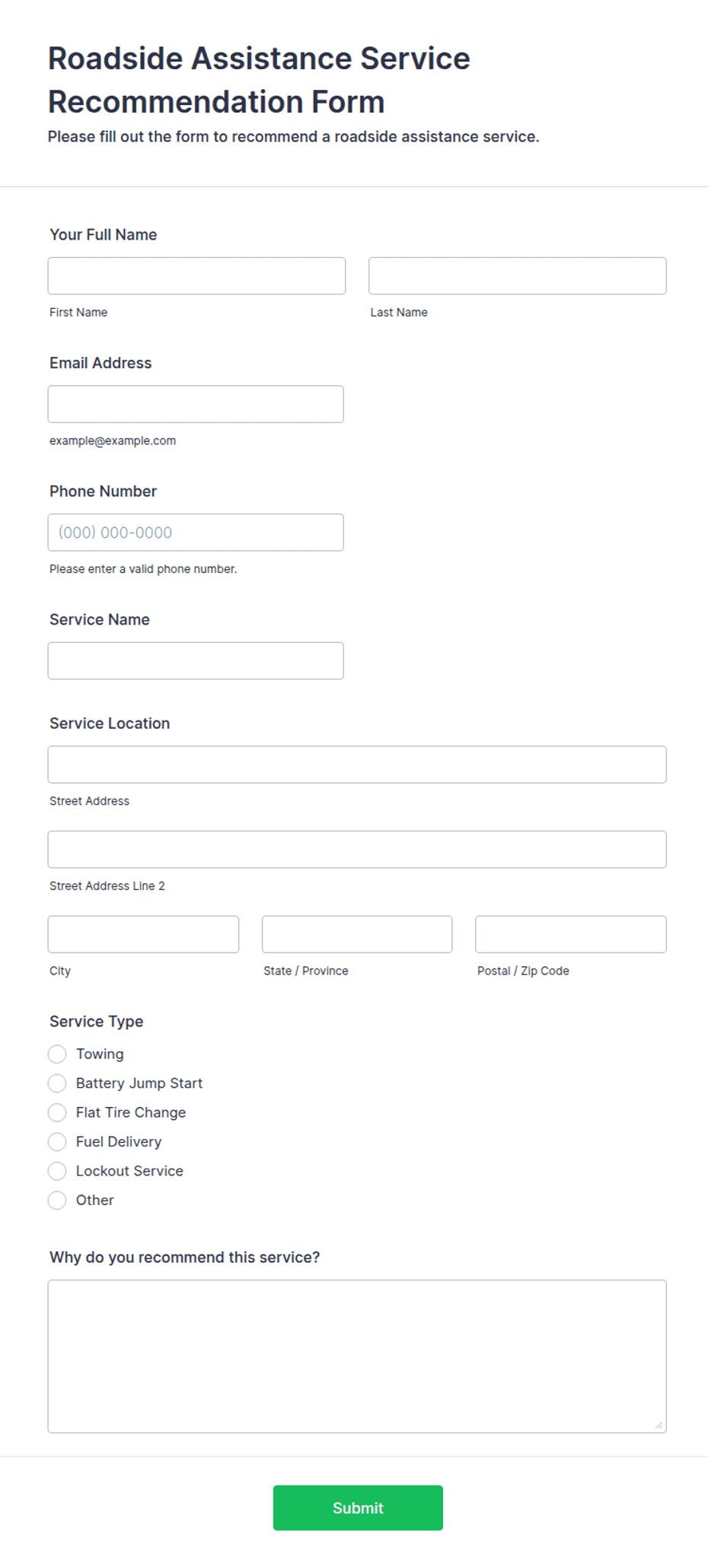 Roadside Assistance Service Recommendation Form Template | Jotform
