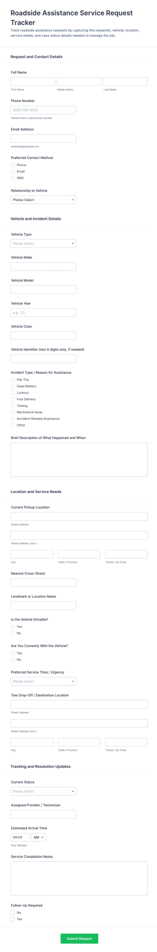Roadside Assistance Service Request Tracker Form Template