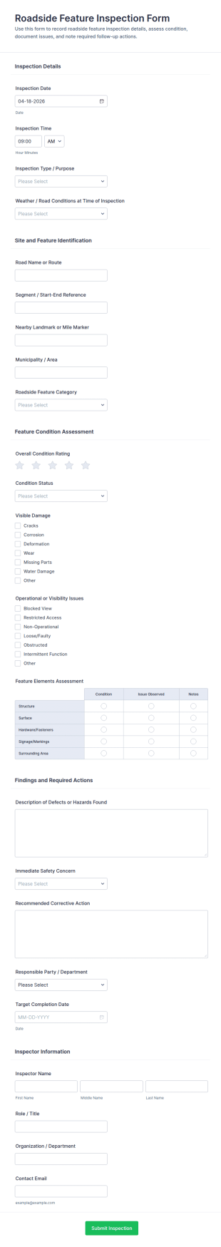 Roadside Feature Inspection Form Template