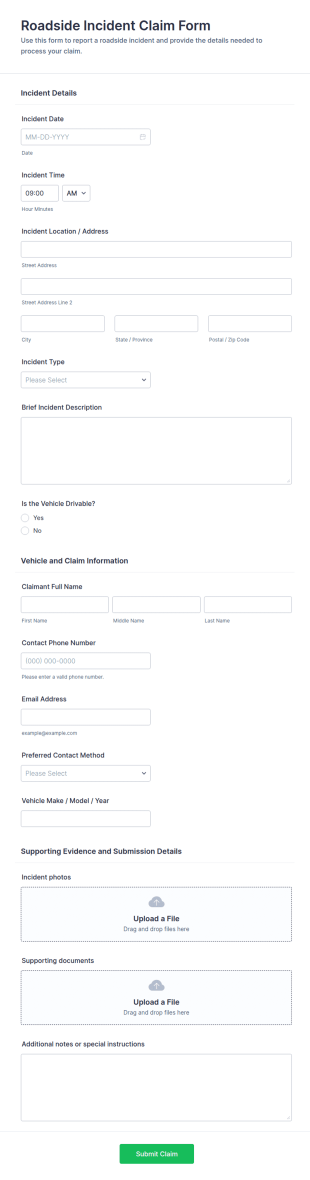 Roadside Incident Claim Form Template