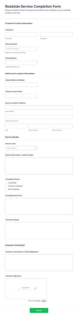 Roadside Service Completion Form Template