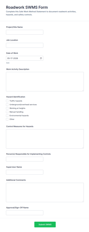 Roadwork SWMS Form Template