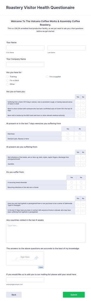 Roastery Visitor Health Questionaire Form Template