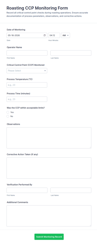 Roasting CCP Monitoring Form Template