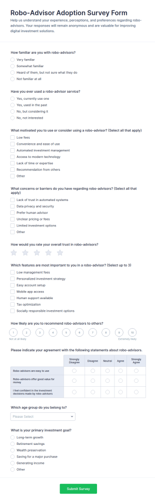 Robo Advisor Adoption Survey Form Template