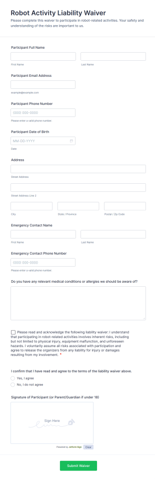 Robot Activity Liability Waiver Form Template