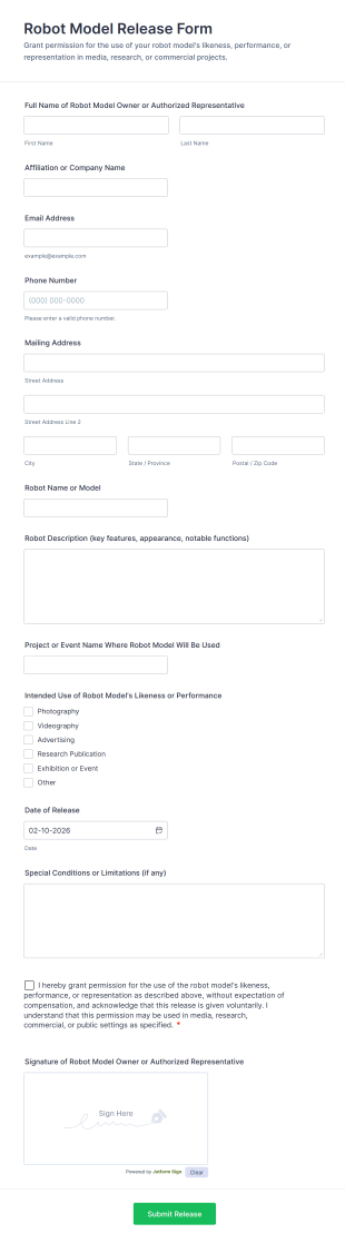 Robot Model Release Form Template