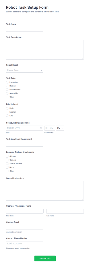 Robot Task Setup Form Template