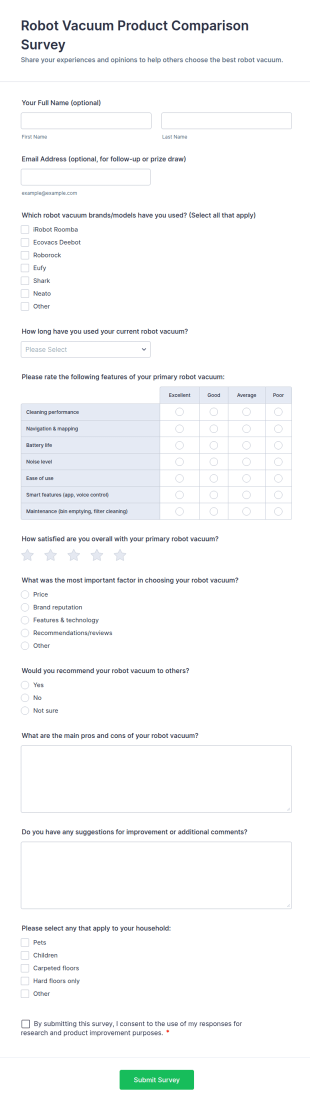 Robot Vacuum Product Comparison Survey Form Template