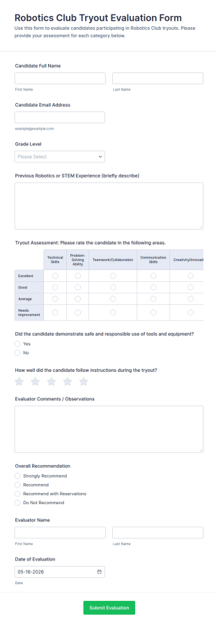 Robotics Club Tryout Evaluation Form Template