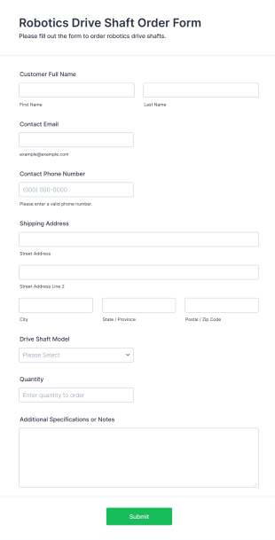Robotics Drive Shaft Order Form Template